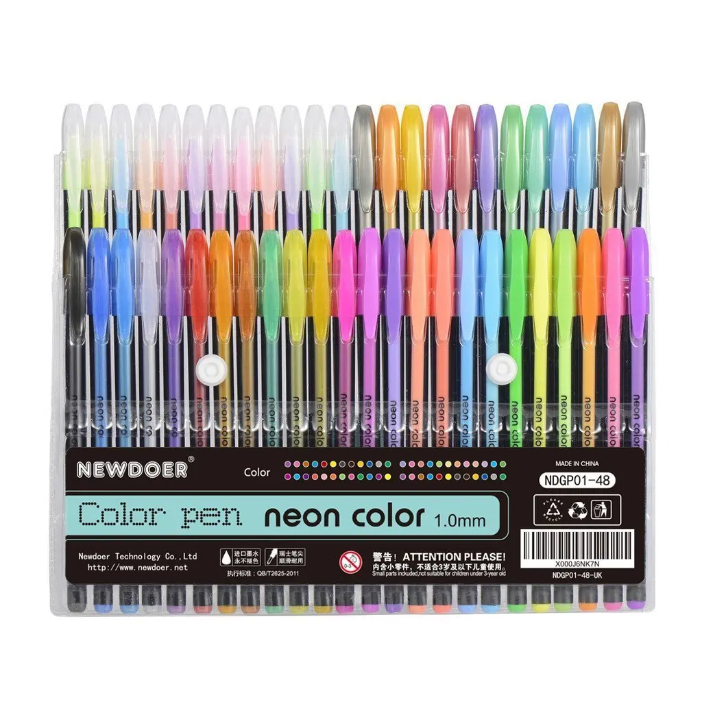 Newdoer 48 Packs Color Gel Ink Pens,The Best Gel Pens Set for Adult Colouring Books,Draw,and Write,with 1.0mm Tip Range (12 Metallic + 12 Glitter + 12 Neon + 12 WaterChalk)