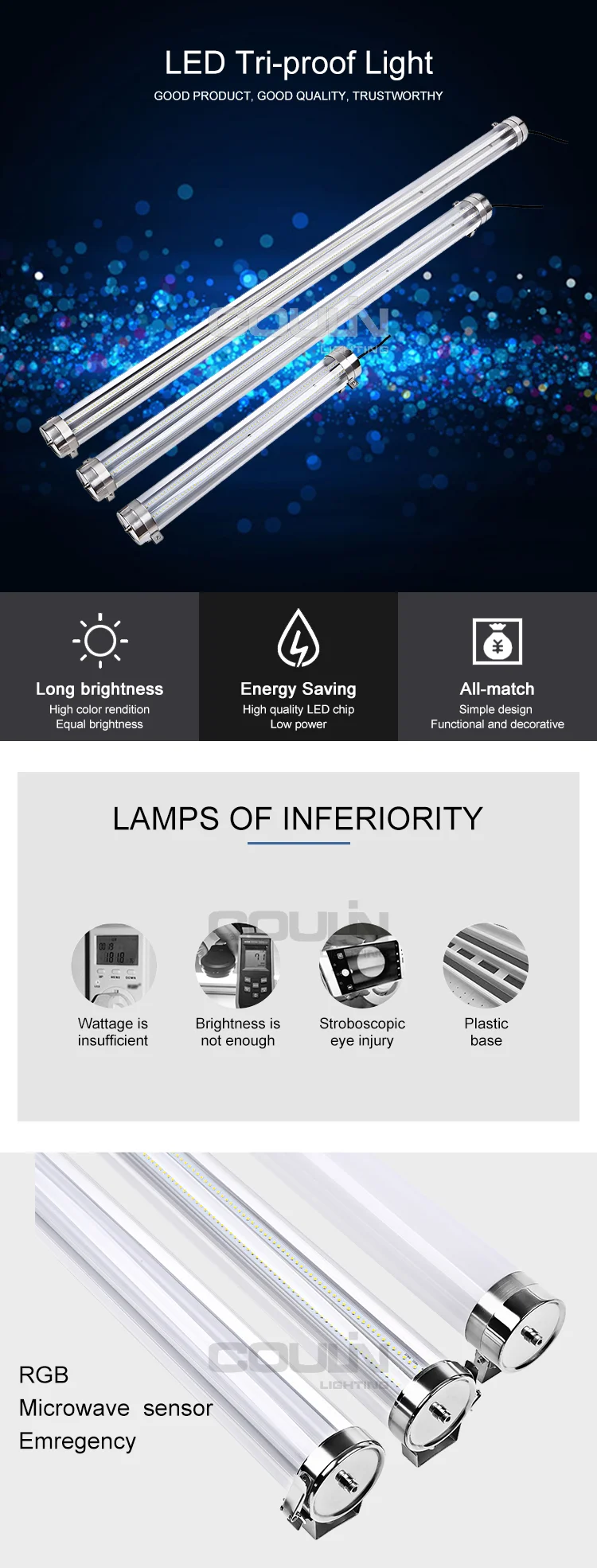Coulin Ip67 DALI dimmable Led Triproof Lamp 20w PC Material Batten Led Light/waterproof Led Light