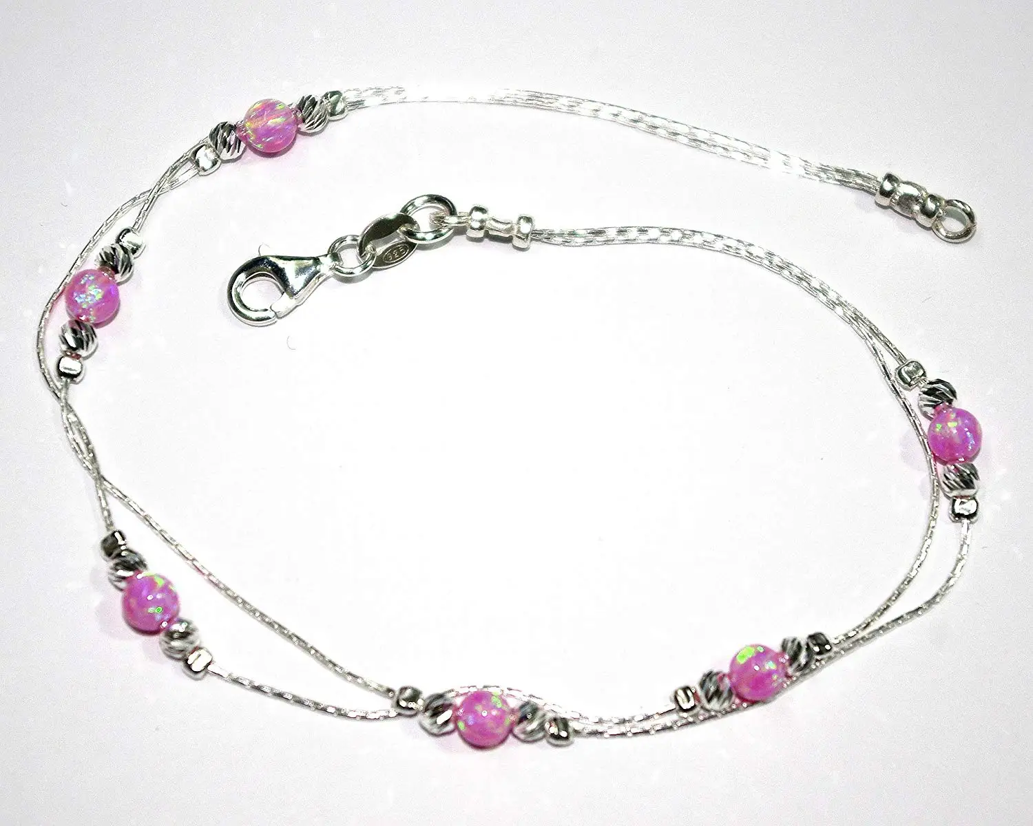 Genuine 925 Sterling Silver Chains and Laser Cut Beads with 4mm Pink OPAL Beads TWO STRANDS ANKLET - Made to your size