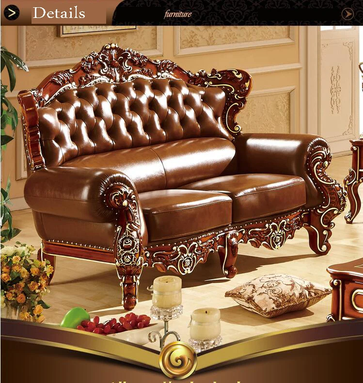 high quality European antique living room sofa furniture genuine leather set p10303