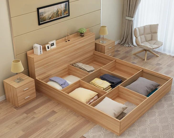 New Modern Style Wooden Bed With Storage In King Size Mdf Wood Design