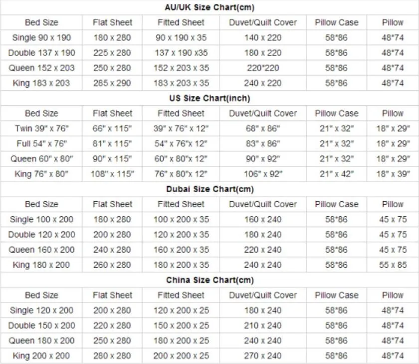 Flat Sheet Size Chart