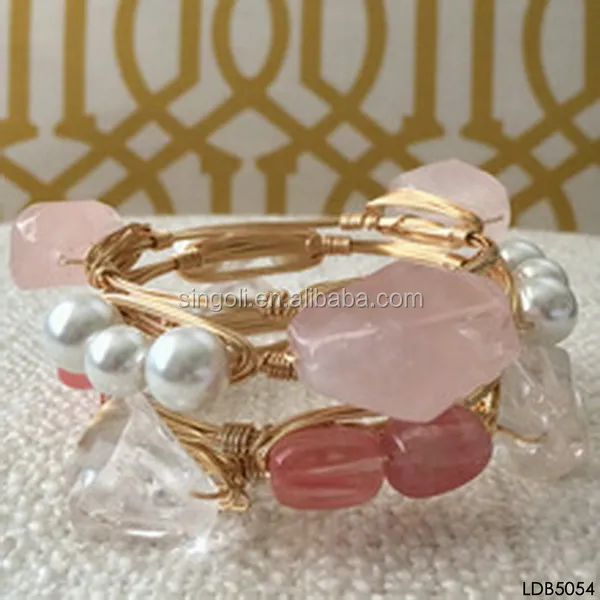 Pink Rose Quartz Geode Stone And Pearls Gold Wire Wred Bangle Bracelet Pink Rose Quartz Geode Stone And Pearls Gold Wire Wred Bangle Bracelet