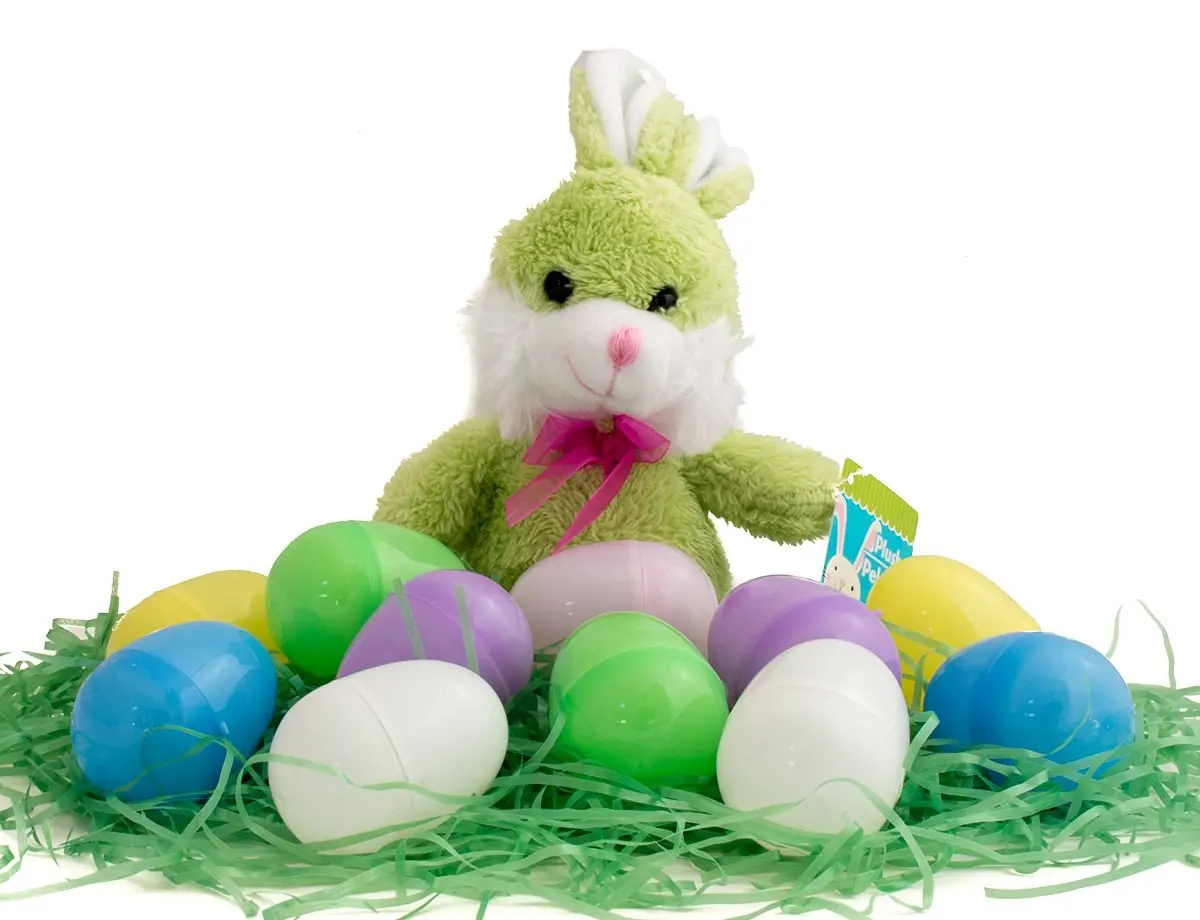 Easter Basket Stuffers/Filler Bundle - 3 Items: 1 Package Colored Easter Grass, 12 Pastel Plastic Eggs, 1 Plush Bunny (Green)