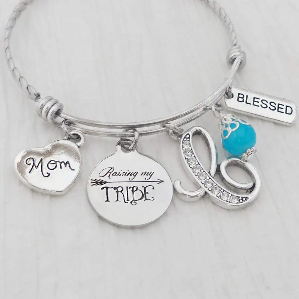Baby Charm Bracelet For Mom Find Get Quotations Raising My Tribe Bracelet Bangle Mom With Charms Initial Letter Charm