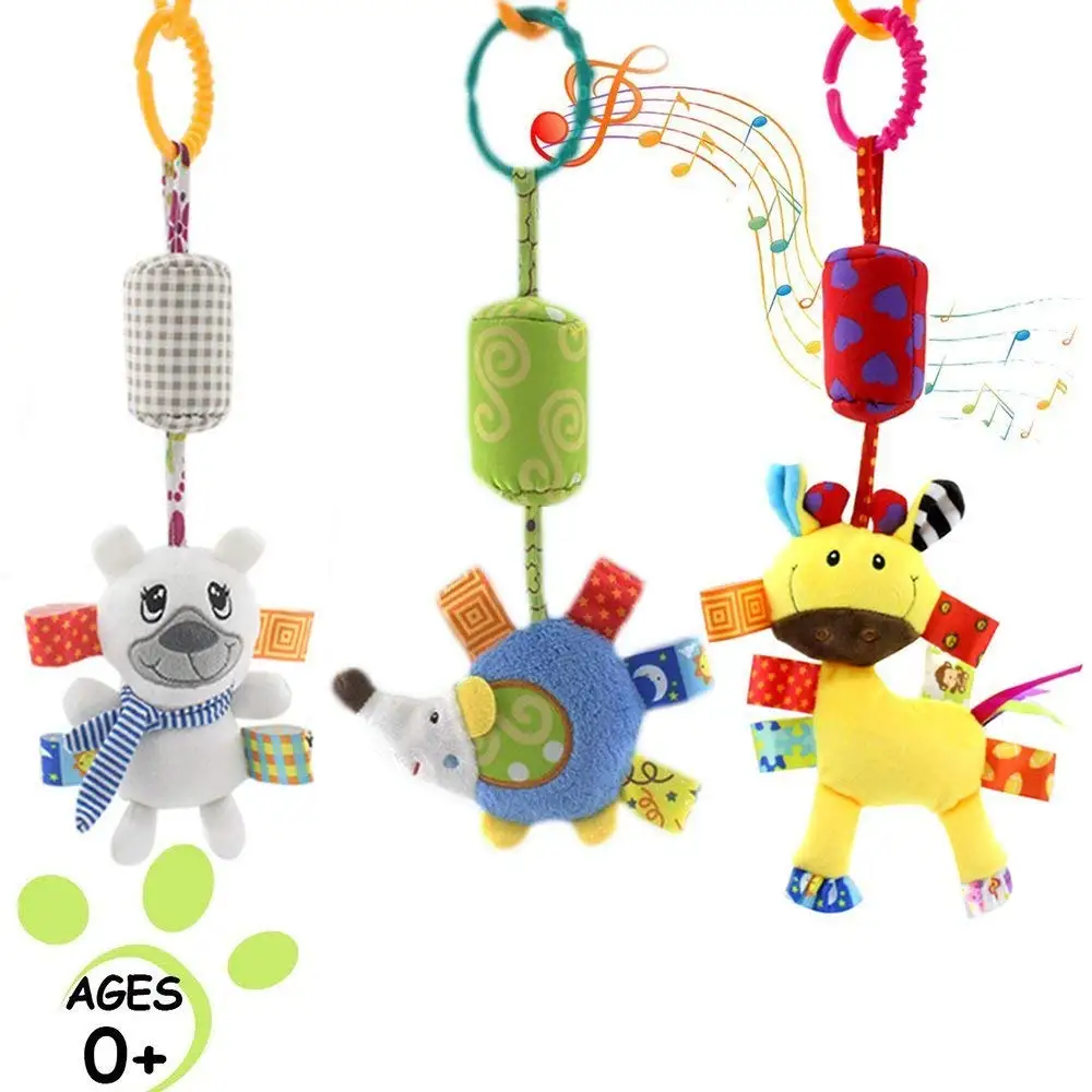 Daisy 3 Packs Infant Baby Rattle Hanging Toys, Stroller Car Seat Crib Hanging Rattle Toy with Wind Chimes for Toddler, Early Education Gift for Baby Boys & Girls- (Bear, Deer, Hedgehog)