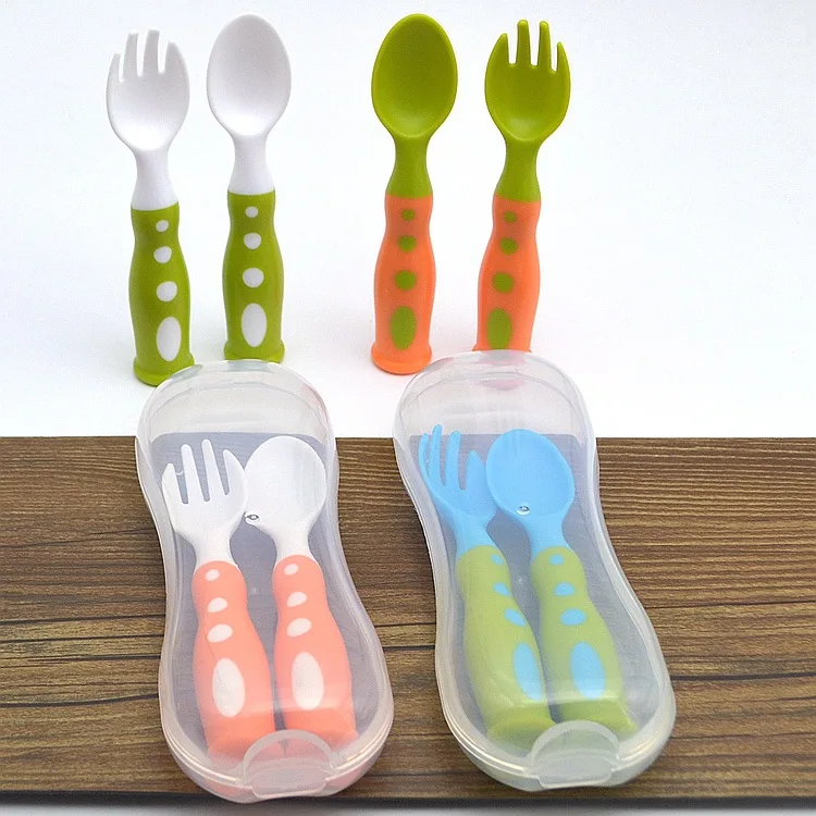Safe Plastic Baby Spoon+ Fork Antiskid Handle Learning Tableware