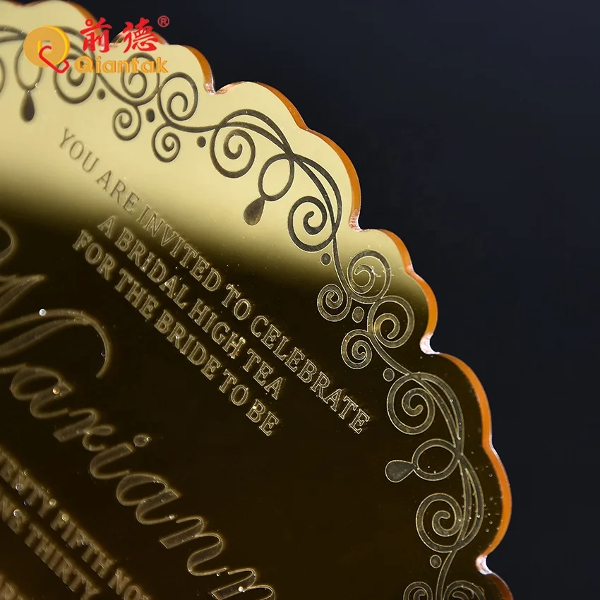 High Quality Custom  Luxury Laser Cut Acrylic Round Gold Wedding Mirror Invitation Card