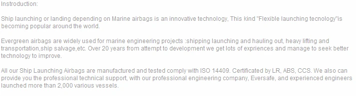 Strong bearing capacity marine airbags for shipping launching and hauling out,heavy lifting and ship salavage.