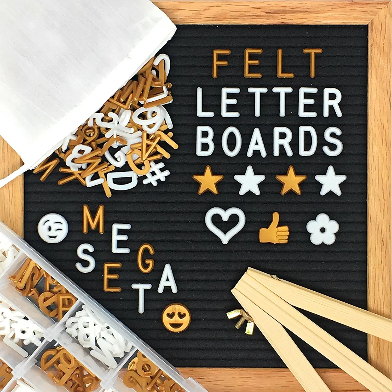 Changeable Felt Letter Board MEGA SET with 700+ White and Gold Letters + Letter Organizer + Letter Pouch + Wooden Easel (GIFT SET, 10" x 10")