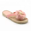 Fur Upper Straw Sandals Summer Women Flower Strap Flat Sole PCU Flip Flop