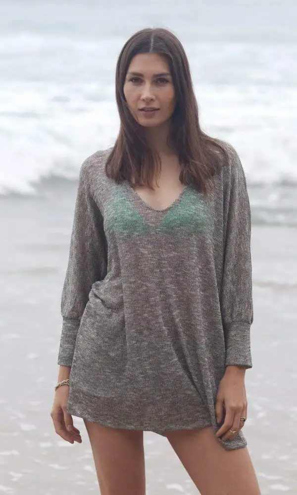 Grey Gold V-Neck Kimono Sweater Top, Beach Sweater, Dolman Sweater Top, Oversized Sweater, Metallic Sweater, Night Out Sweater. KIMS221 Size M-XL