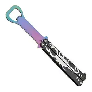 Butterfly Knife Bottle Opener "Bartender" Rainbow Titanium Scorpion Handle
