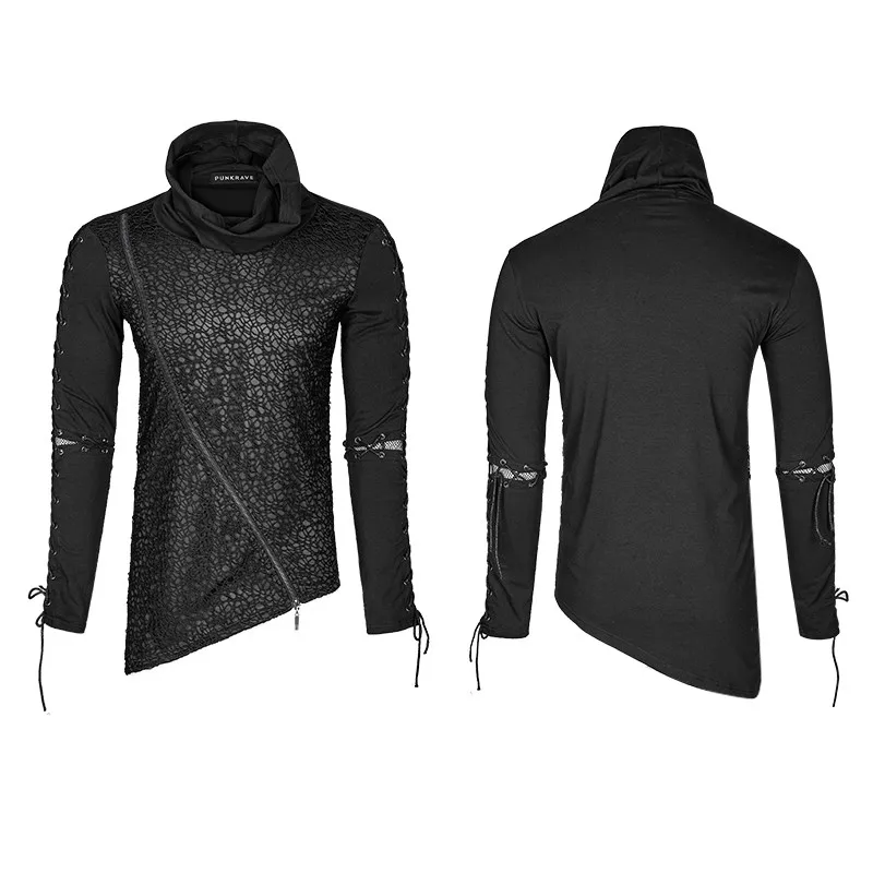 T-472 Punk rock zipper high collar drawstring long sleeves shirts