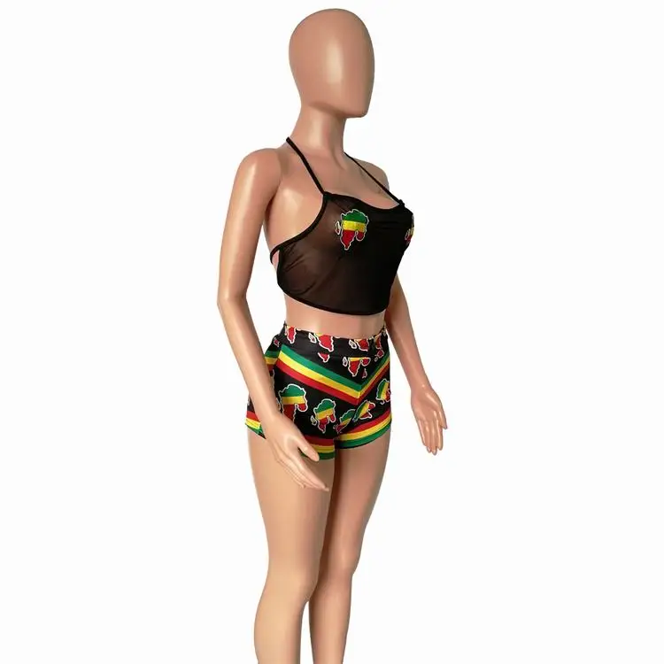 Women Swimwear Traditional African Print Bandage Push-up Bikini Bathing Suit Swimming Black Mesh Top and Print Shorts