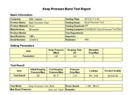 pressure test certificate template