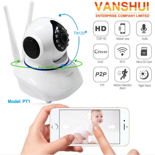 360 Degree Rotation Baby Monitor p2p wifi wireless IP Camera IR digital WDR Onvif PTZ Camera (PT1)