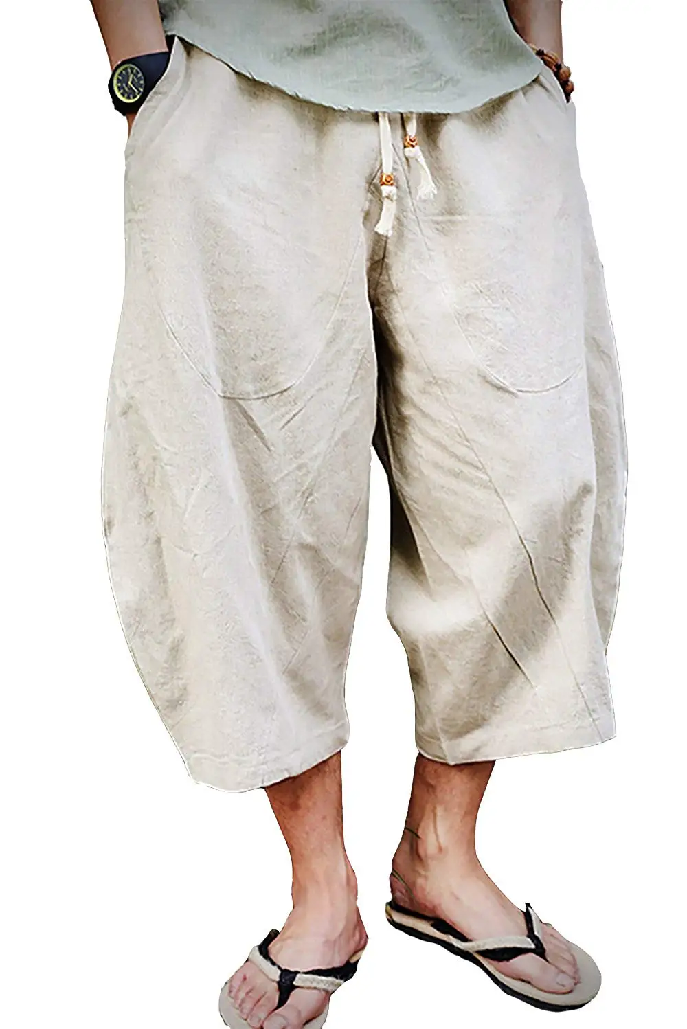 JXG Men Cotton Linen Chinese Style Big and Tall Harem Loose Cropped Pants