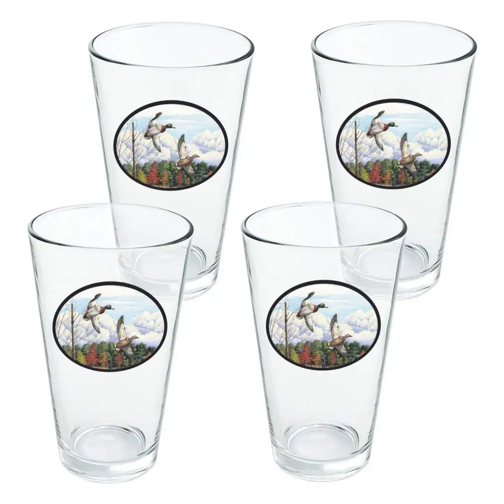 Mallard Ducks Flying Hunting Novelty 16oz Pint Drinking Glass Tempered - Set of 4