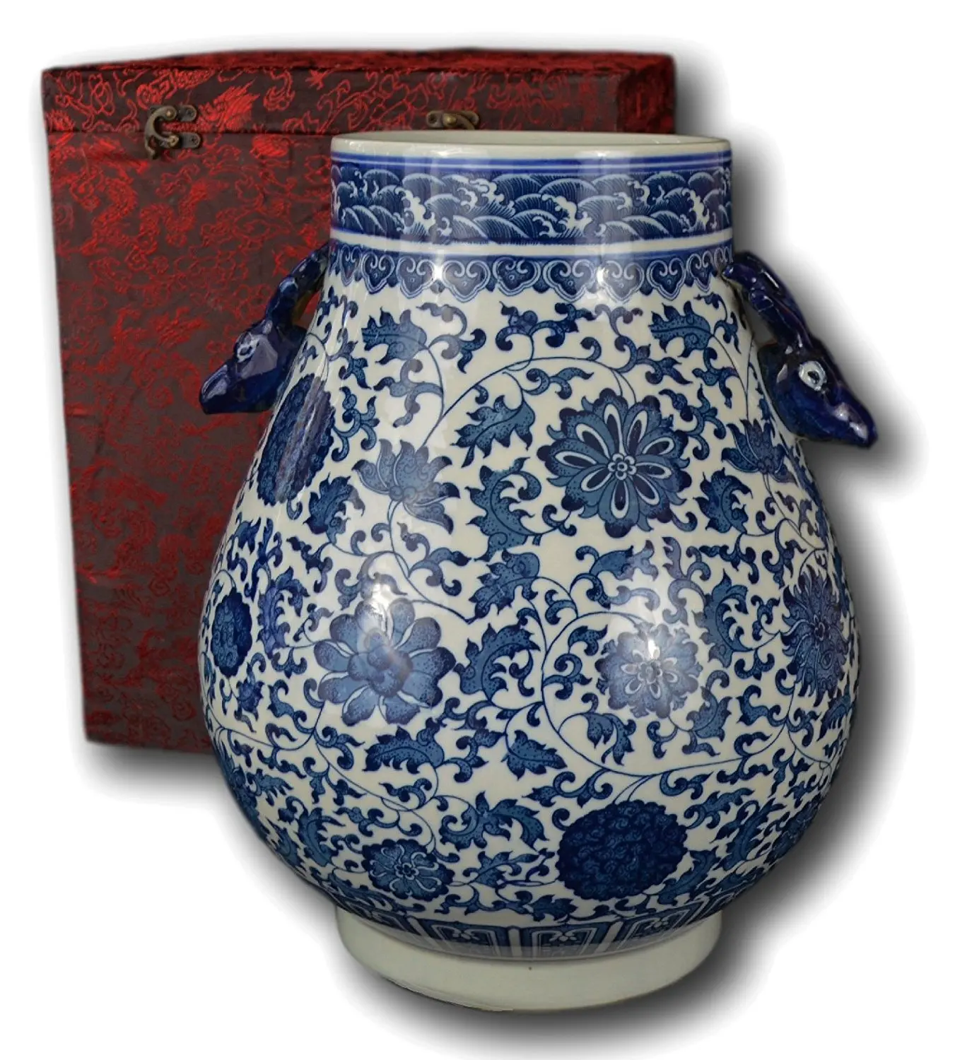 Classic Blue and White Floral Porcelain Vase, Double Deer Head Handles China Ming Style 10", Free Wood Base