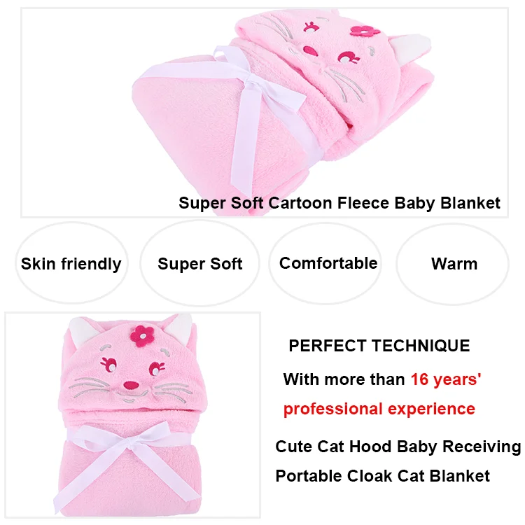 China products polyester cute cat hood kids babies receiving blanket portable hooded baby blanket with cloak cat pattern