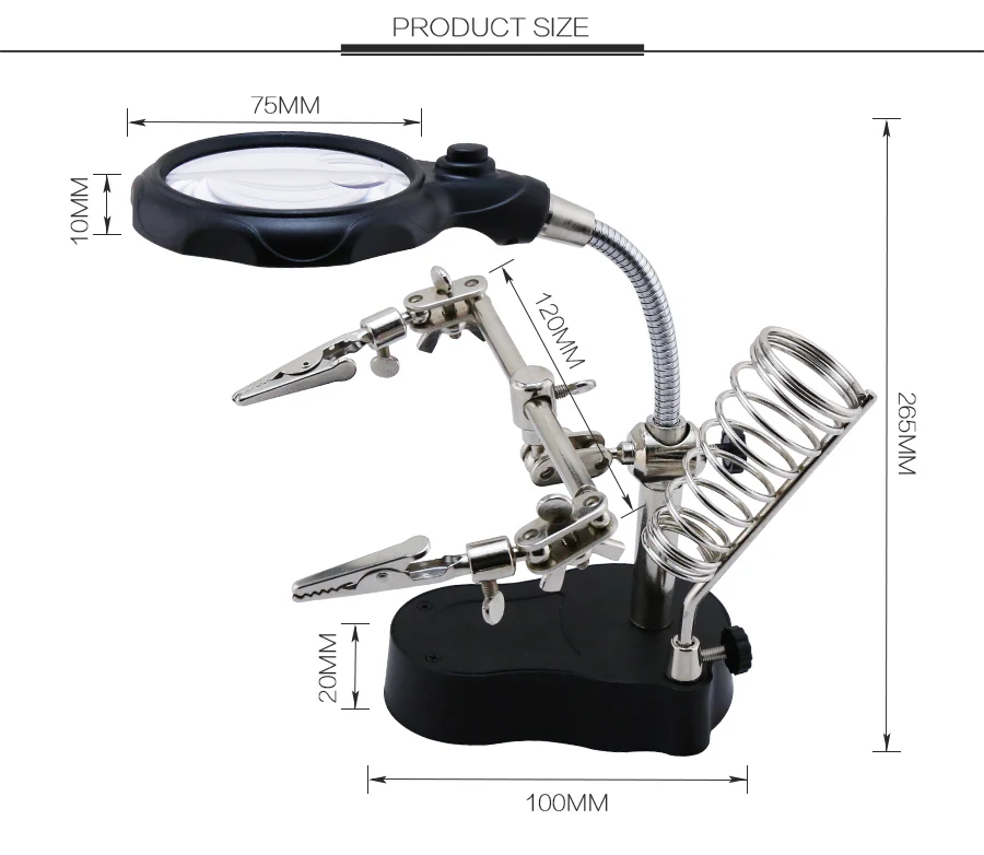 BST-16126A Helping Third Hand Clip Clamp LED Magnifying Glass Soldering Iron Stand Magnifier Welding Rework Repair Holder Tools