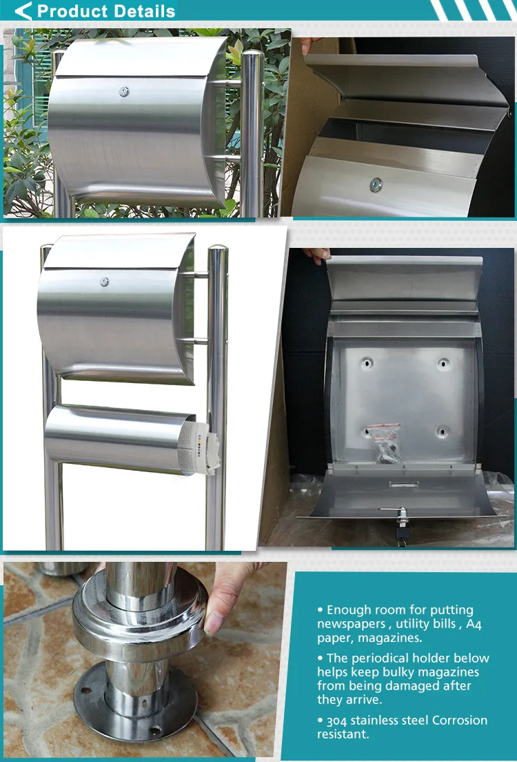 Standing Stainless Steel Round Mailbox With Newspaper Holder Letterbox