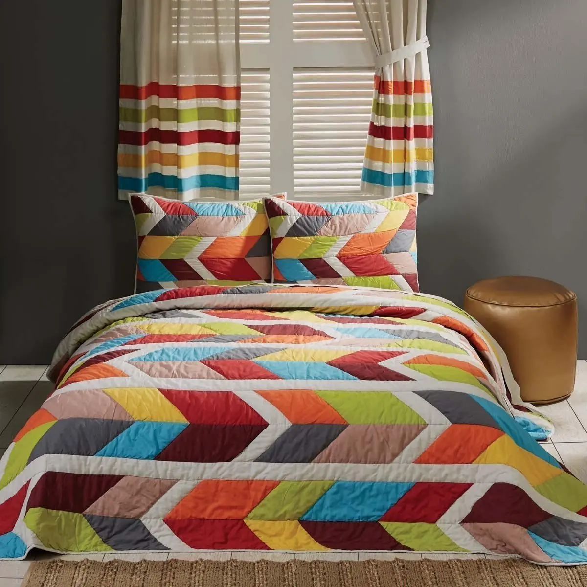 MISC 3pc Girls Rainbow Geometric Stripes Theme Quilt Queen Set, Colorful Girly Arrow Horozontal Striped Pattern, Pin Tuck Puckered Bedding, Vibrant Colors Red Blue Green Orange Grey