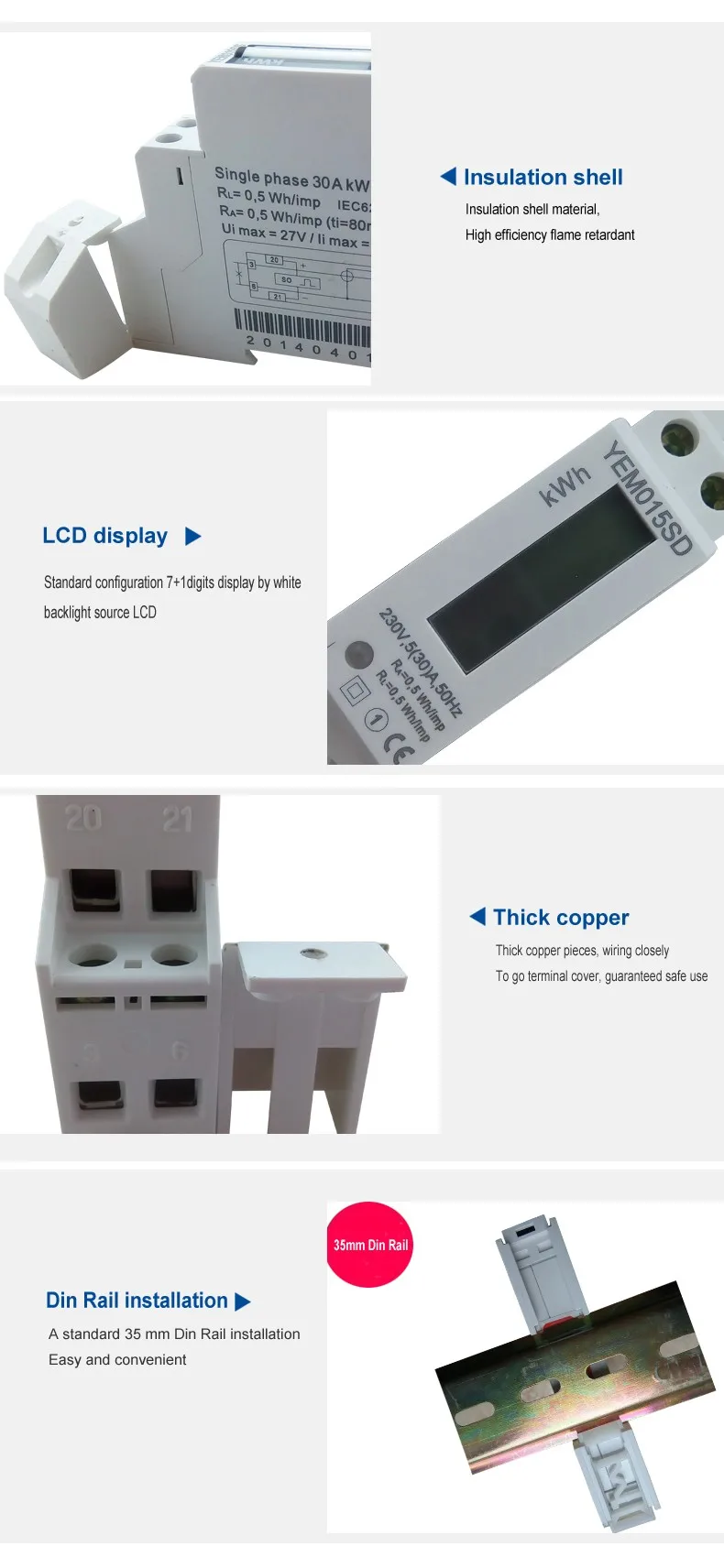 A 30 LCD 35mm DIN-rail Standard Single Phase 1P Electronic Energy Meter 5