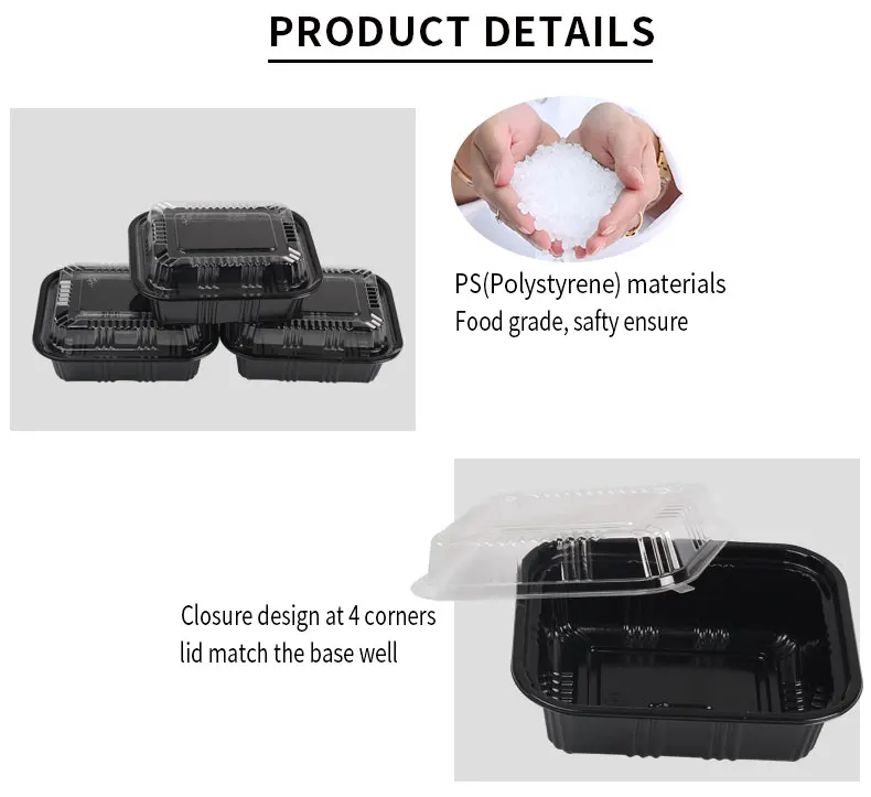 Eco friendly black plastic rectangle food container / disposable sushi box plastic storage box