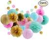 Umiss, 20 Pcs Gold Pink Mint Paper Flowers Lanterns Fans For Baby Shower Birthday Decoration,Bridal Wedding