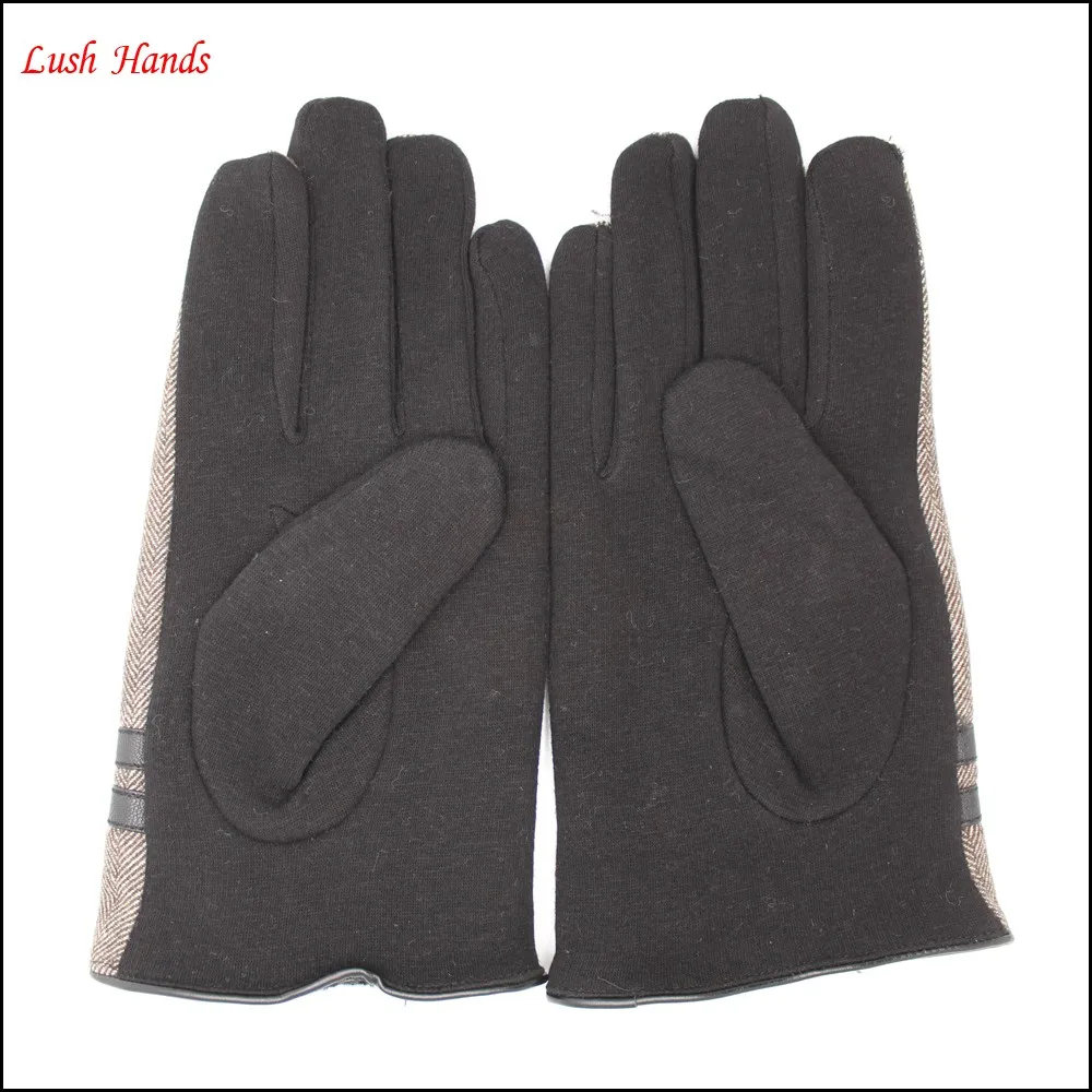 men's warm gloves made by spandex velvet and Herringbone grid cloth with buckle