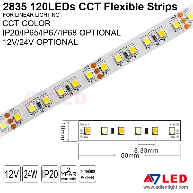 CCT 120leds/m 2835 ip20 ip65 ip68 12v 24v high density led strip smd with CE RoHS UL approve