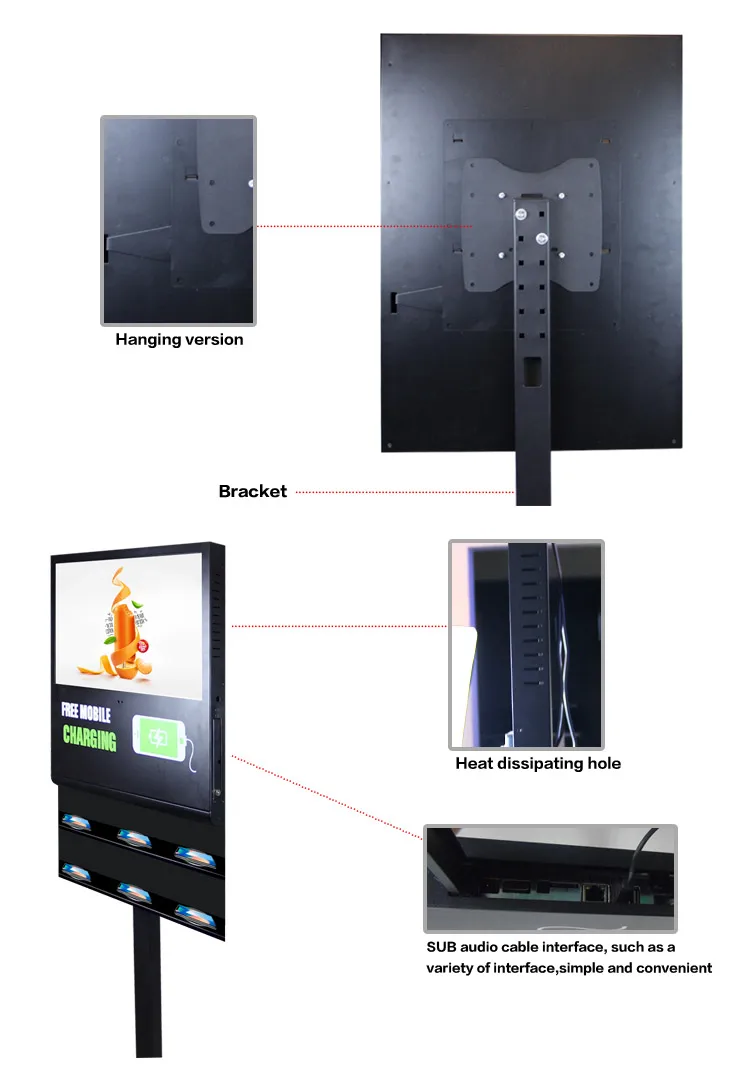 2019 new product black color 21.5inch indoor use vertical wireless smart charging advertising machine