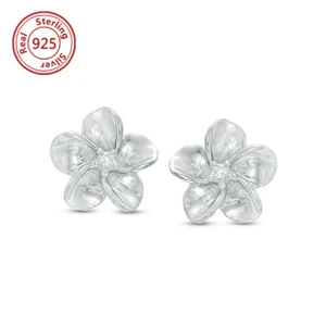 S925 Hawaiian Flower Stud Earrings 14k White Gold Small Plumeria S925 Hawaiian Flower Stud Earrings 14k White Gold Small Plumeria