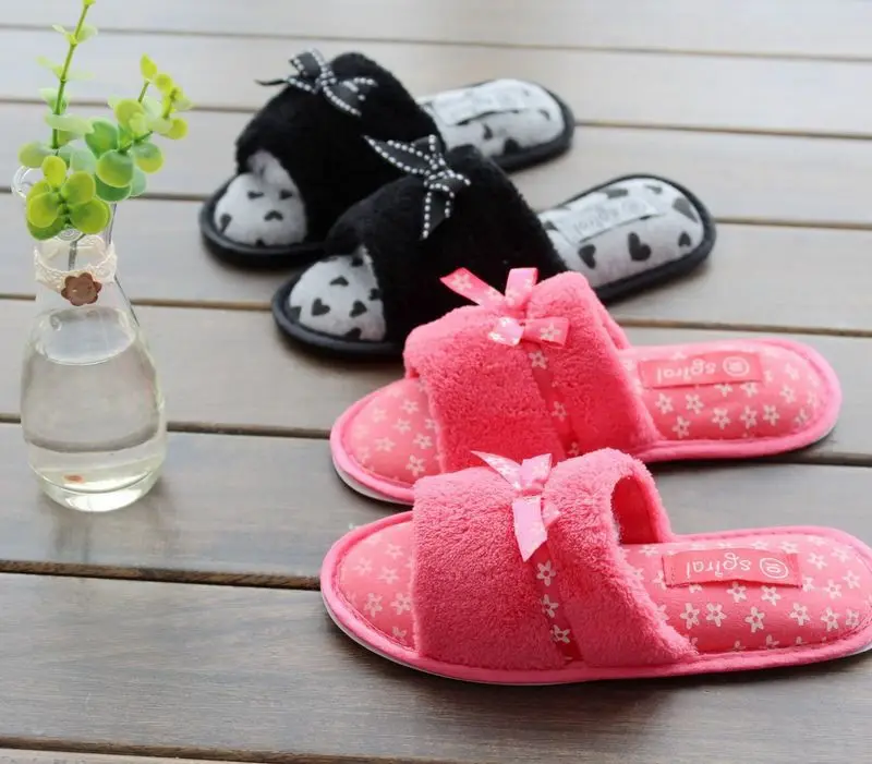 Free Shipping New Arrived Plush Solid Slippers for Girl with Butterfly Girl Indoor Slippers Winter Soft