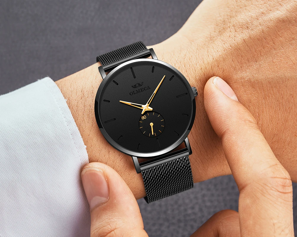 olmeca 男士手表豪华防水超薄日期时钟男钢表带休闲石英手表男士运动