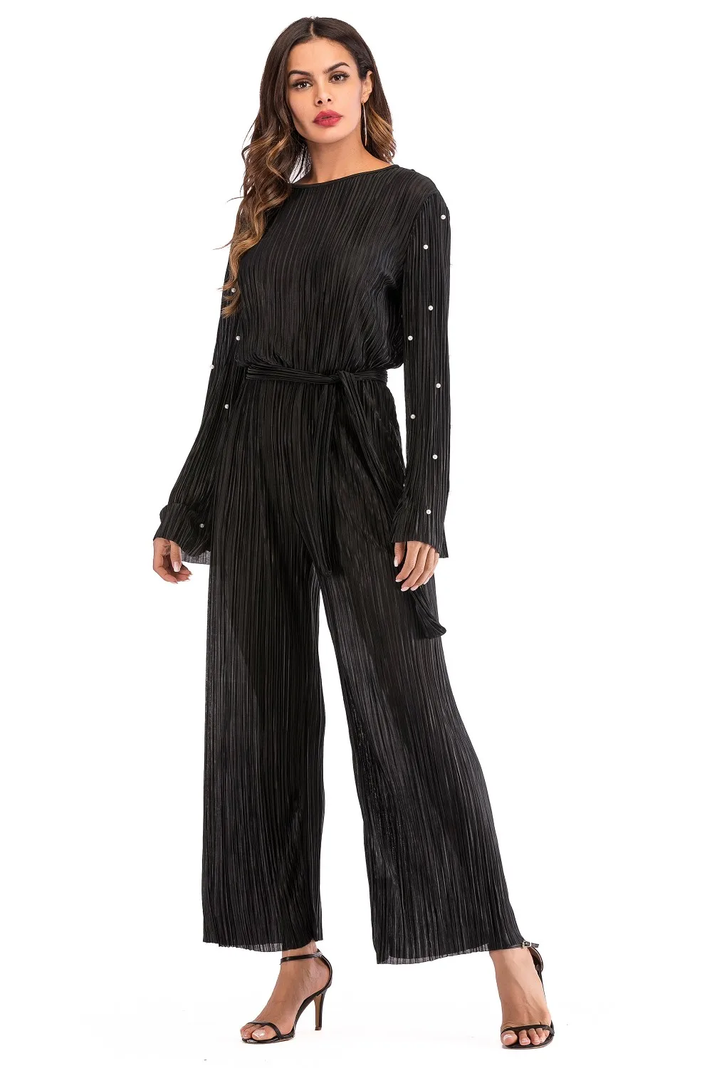 1635 Wholesale Muslim Women Overalls Pleated Pears Wide Leg Jumpsuit