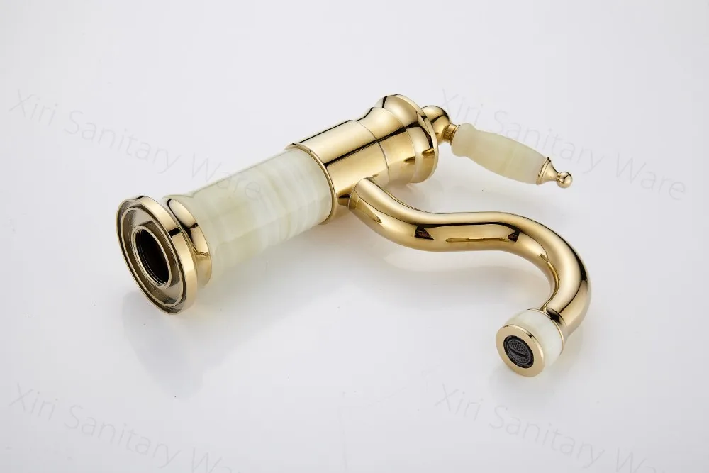 European Style Goldplated Jade Brass Bathroom Faucet Long Spout Marble