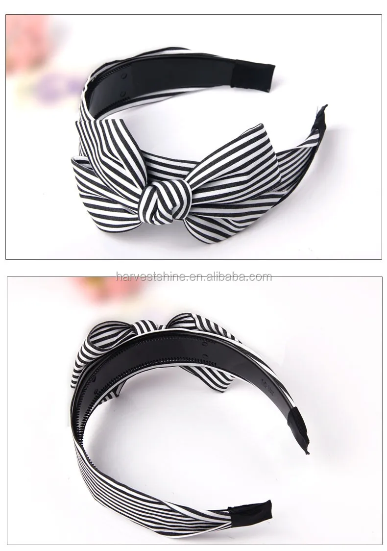 Black Plastic Wide Headband With Teeth,Blue Pink Striped Fabric Bow