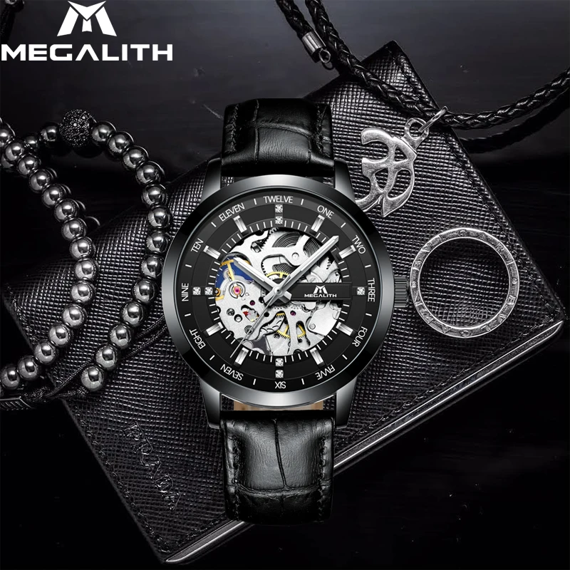 MEGALITH  mens watches black band no battery mechanical movement wristwatches montre homme water resistant silver