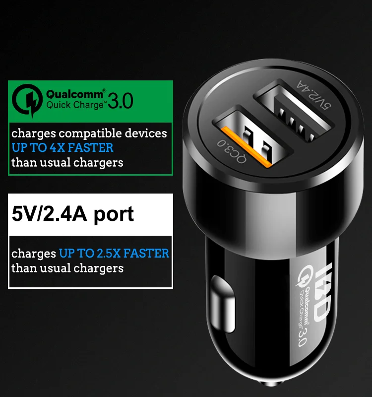 IBD Hot Selling 12V Output Car Charger With Usb Qc3.0 2.4A Double Usb Car Charger Adapter Dual Usb Port