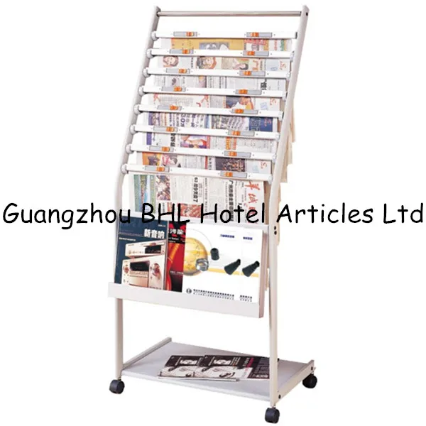 Hotel Supply Floor Standing Metal Movable Brochure Holders Stand Free Stand Tabloid Newspaper
