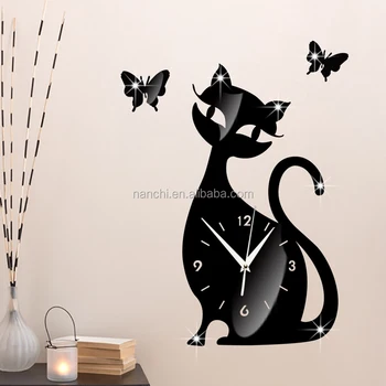 Mignon Chat Papillon Bricolage Horloge Murale Design Moderne Miroir Horloge Murale Autocollant Dessin Animé Enfants Chambre Décoration Buy Horloge