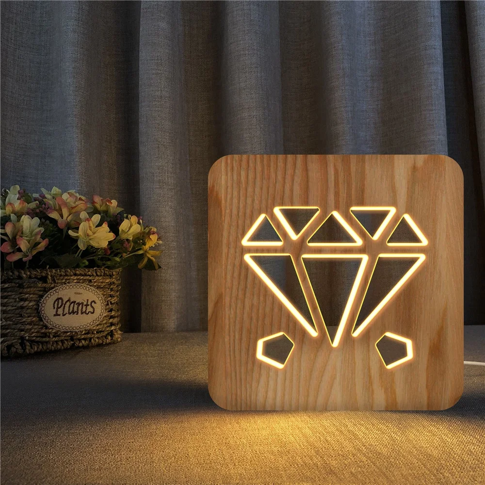 FS-T1817W Jewel shape led pine wood night light for home Decoration  Custom wooden Baby Sleeping Lamp for Kids