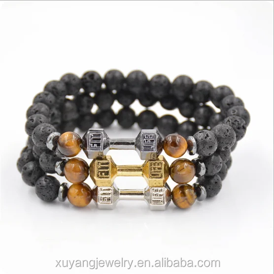 Live Lift Lava Stone Dumbbell Bracelet Fitness Barbell Charm Beaded ...