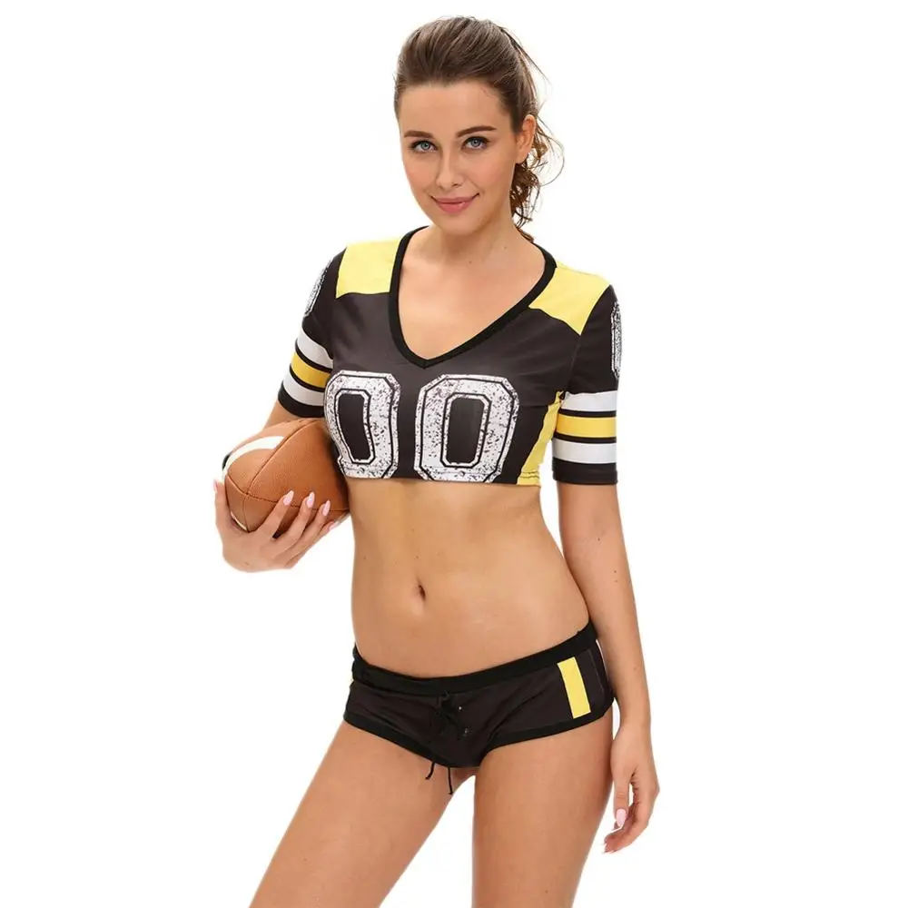 Sexy Women Football Costume Number Contrast Striped Crop Top Panties
