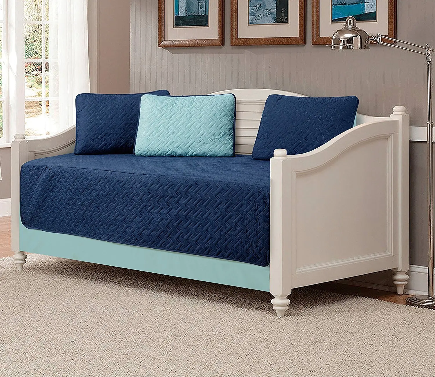 Fancy Collection 5pc DayBed Quilted Bedspread Coverlet Set Embossed Solid Navy Blue/Light Blue Reversible New