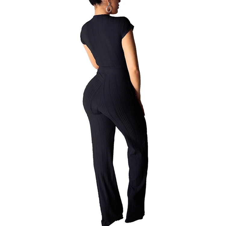 Tight Short Sleeve Crop Top Casual Wide Leg Pants Women Jumpsuit Two Piece Set Women