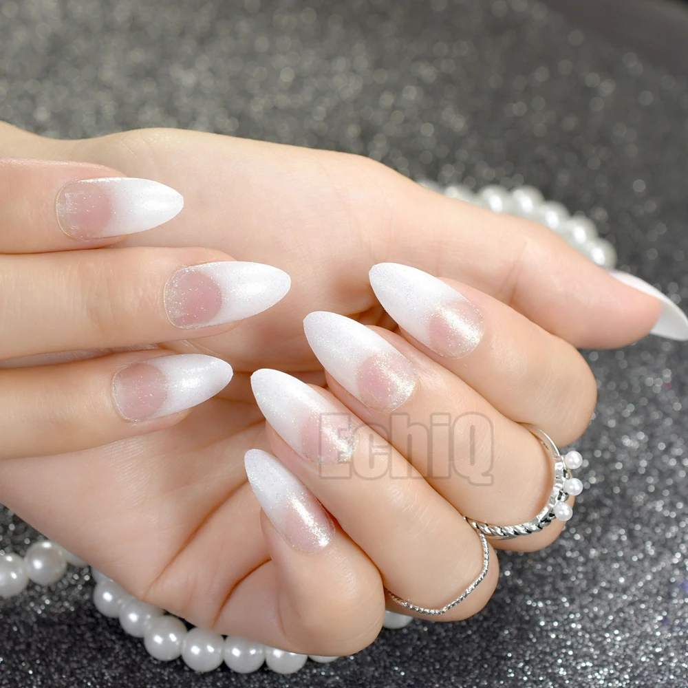 White French Fake Nails Clear White With Shimmer Glitter Pointed Stiletto  False Nail Art Tips False Nails 24pcs - Buy False Nails 24pcs,Pointed Nail  Tips,Stilettos Nail Art Tips Product on 